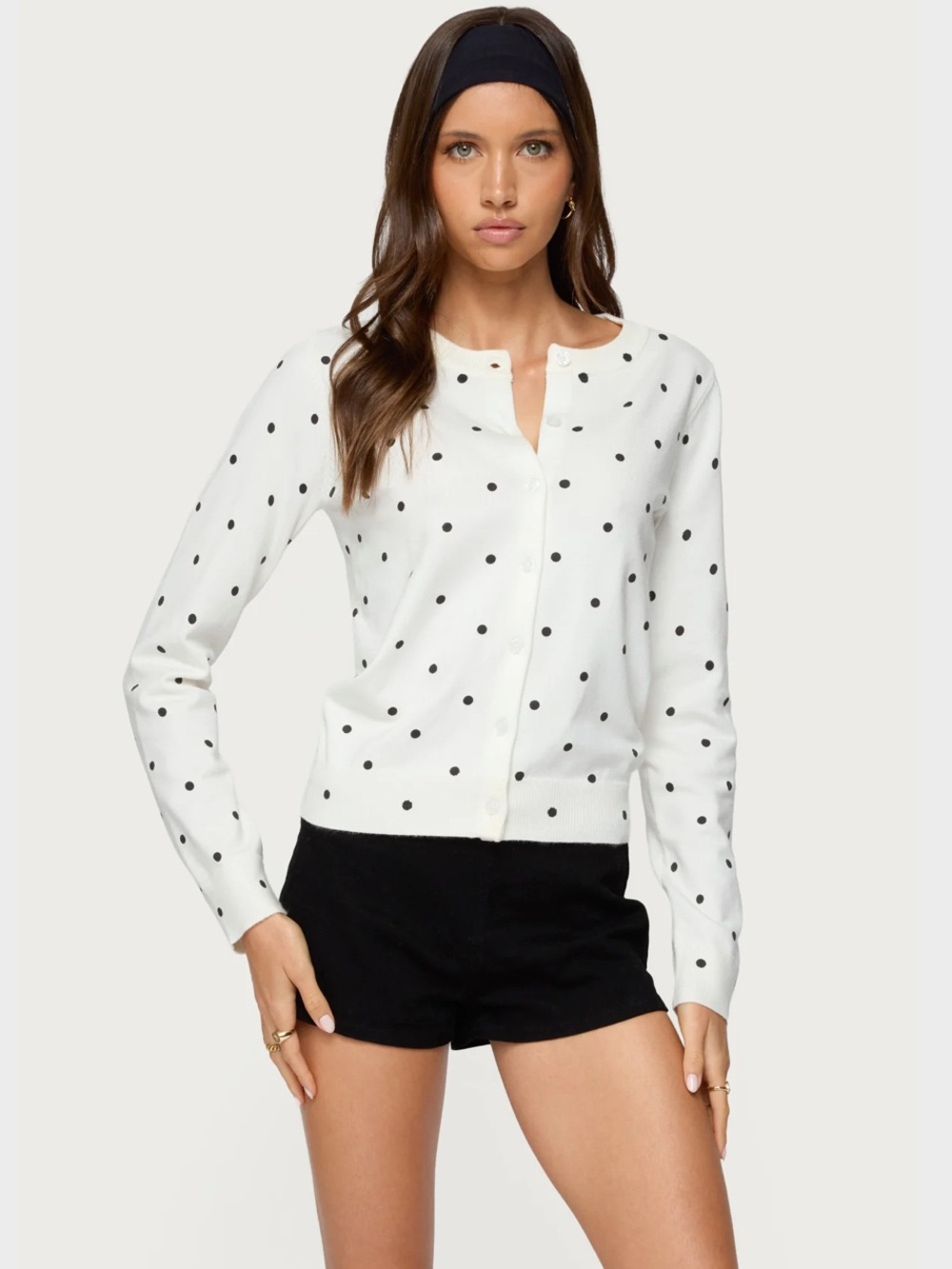 Edikted White Button-Front Top with Black Polka Dots